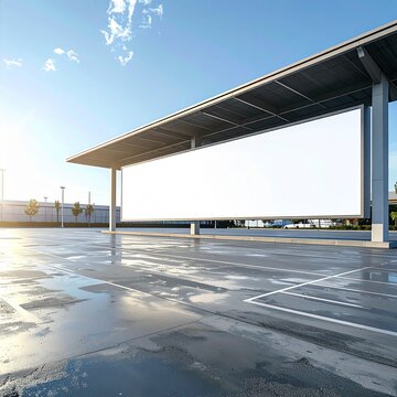 Large blank white billboard mockup in an outdoor parking lot area.