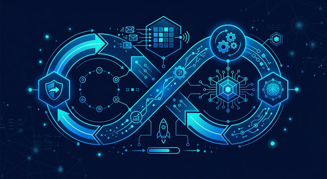 Abstract digital infinity loop concept representing continuous software development lifecycle and modern devops technology integration process