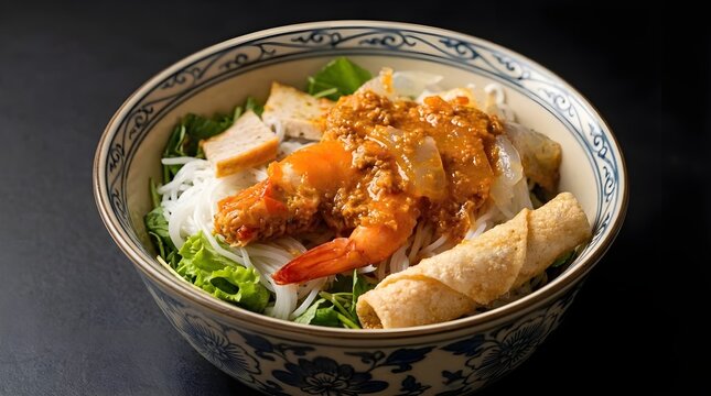 B&uacute;n Giấm Nuốc- (Hue-style soft jellyfish noodle dish) -soft white rice vermicelli noodles (b&uacute;n) mixed with fresh green herbs  whole poached prawns with orange shells, several clear,pieces of nuốc 