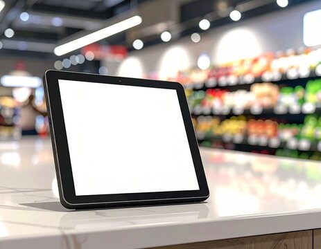 Blank digital tablet screen placed on a white counter inside a grocery store.