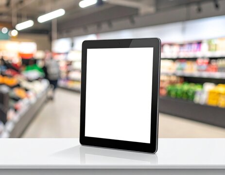 Blank digital tablet screen standing on a white table in a supermarket.