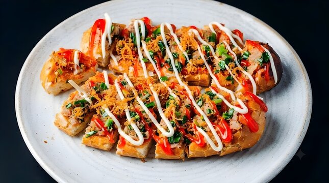 B&aacute;nh m&igrave; nướng muối ớt- grilled chilli salt bread-Flat-pressed baguette slices grilled to a golden-brown, crispy crunch with a zigzag pattern of rich, creamy white mayonnaise and bright red chili sauce