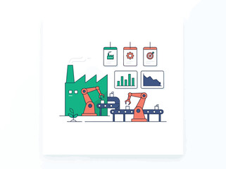 Fototapeta premium Smart Factory Overview With Robotic Arms Conveyor Belts Charts And Industrial Icons Vector Illustration