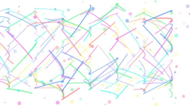 Colorful abstract scribble lines and dots form a dynamic pattern across a plain white background.