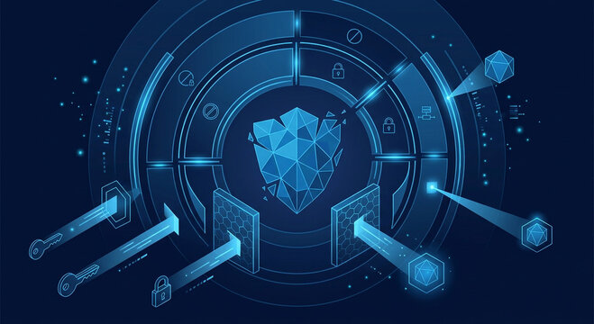 Abstract digital shield icon representing cybersecurity and data protection technology on a dark blue background