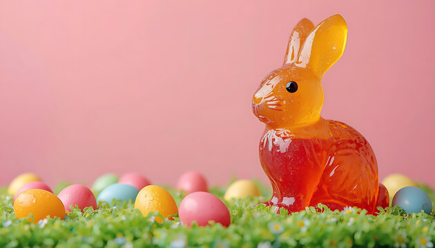 Translucent gummy Easter bunny on green grass, colorful candy eggs on pink background, festive spring holiday sweets and treats