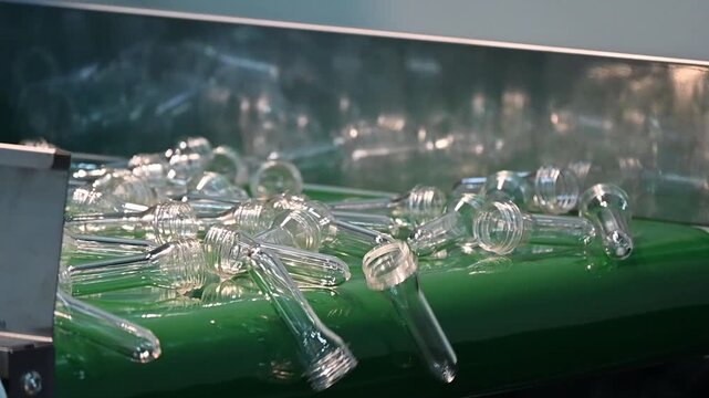 Slow motion footage of material handling process of PET bottle preforms on a green conveyor belt