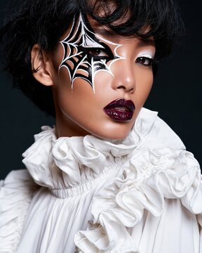 Asian female model with dramatic spider web face makeup poses in a ruffled white blouse, showcasing Halloween beauty fashion editorial style against a dark background