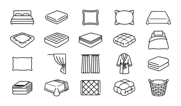 Bedroom Linen and Home Textile Flat Line Icons Set with Bed Pillow Blanket and Curtain