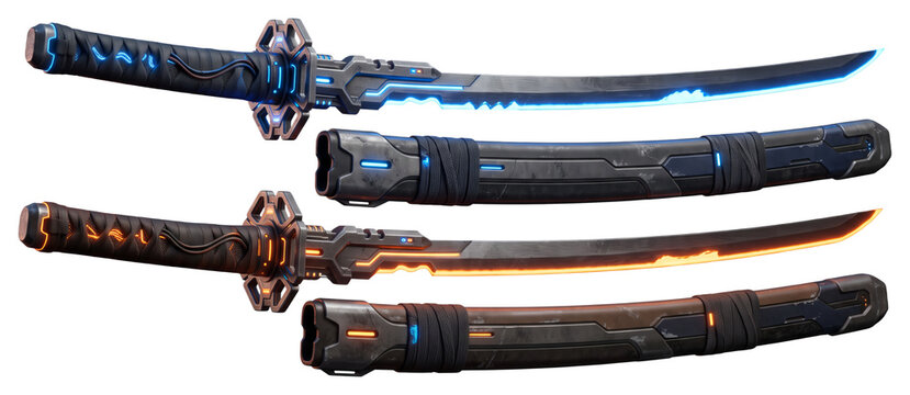 Futuristic Curved Swords and Matching Illuminated Scabbards