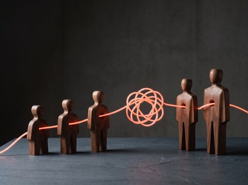 Wooden human figures connected by a tangled glowing red thread