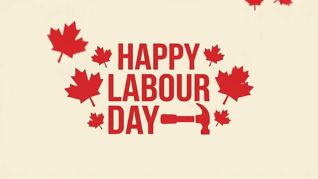 Happy Labour Day Greeting Animation with Red Maple Leaves and Hammer