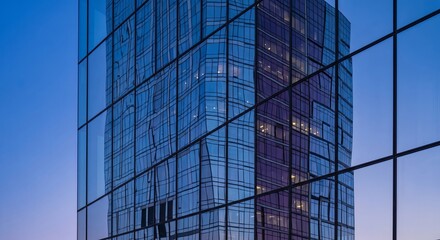 Obraz premium Modern glass skyscraper reflection capturing urban architecture with abstract geometric lines at dusk