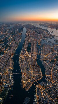 Stunning aerial panorama of a city with vibrant lights at twilight, showcasing urban sprawl.