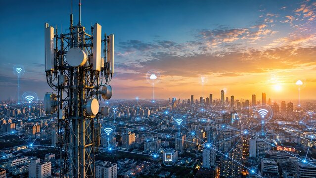 Cellular antenna tower with digital wireless connectivity illustrating mobile communication, broadband internet, data transmission and modern network infrastructure.