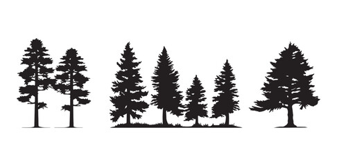 Pine tree silhouettes set, black evergreen forest vector icons, coniferous woodland landscape elements for outdoor branding © Vectorelle Art