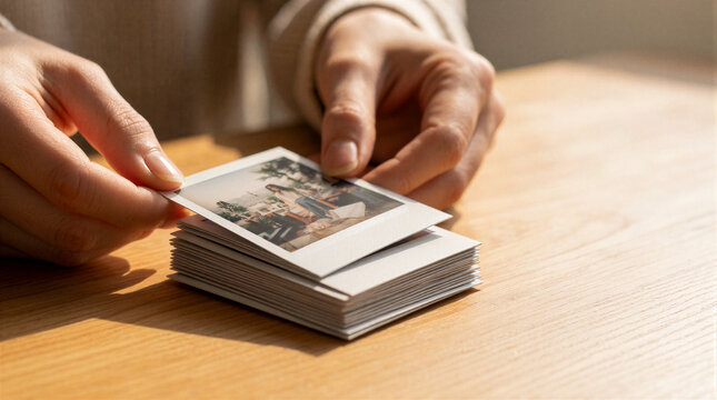 Instant photos sorting with hands organizing a stack on a sunlit wooden table during warm afternoon light