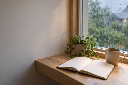 An open blank journal beside a warm mug and a window