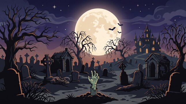 Spooky Halloween graveyard scene with a zombie hand emerging from the earth under a full moon and haunted castle