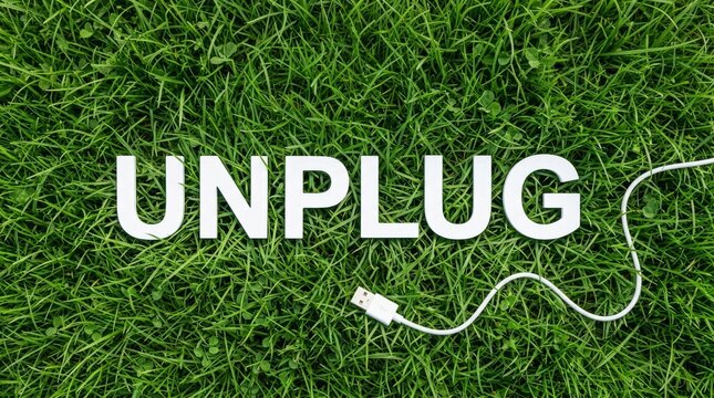 The word 'Unplug' on grass with a disconnected USB cable, symbolizing disconnecting digitally.