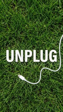 The word 'UNPLUG' on grass with a disconnected white cable, symbolizing digital detox.