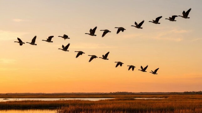 A flock of geese soar over a marshland during a golden sunset, evoking serenity and freedom.