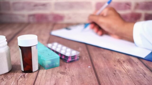 Medical professional writing prescription on clipboard with various medication bottles and pill packs on wooden table surface