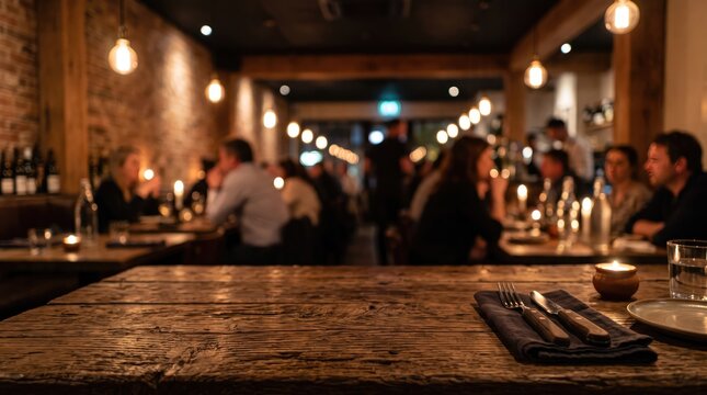 Warmly lit restaurant interior with blurred diners during evening service