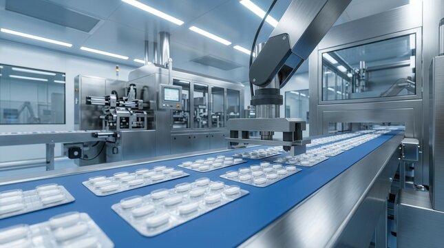 High-tech pharmaceutical manufacturing line with an automated conveyor belt packaging medical tablets in blister packs.