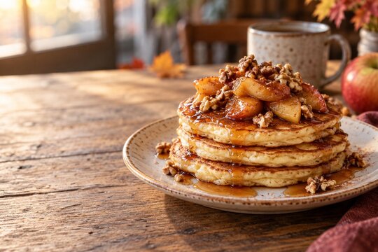 Apple compote pancakes with maple syrup