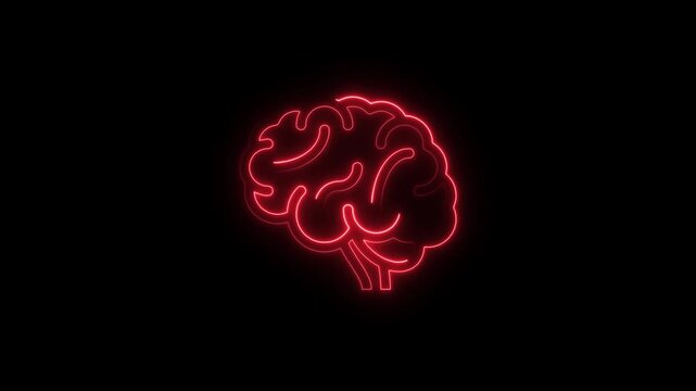 Glowing red neon human brain pulsing animation on black background, mind