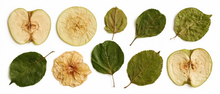 Set of pressed sliced apple and apple leaves, unique botanical flat lay, pure white background