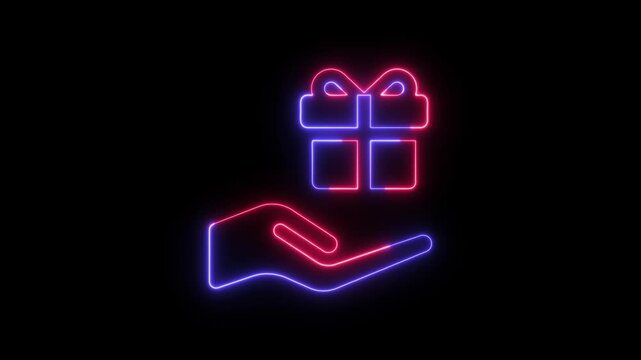 Abstract devil character shape made with glowing red and blue neon light lines on a dark black background