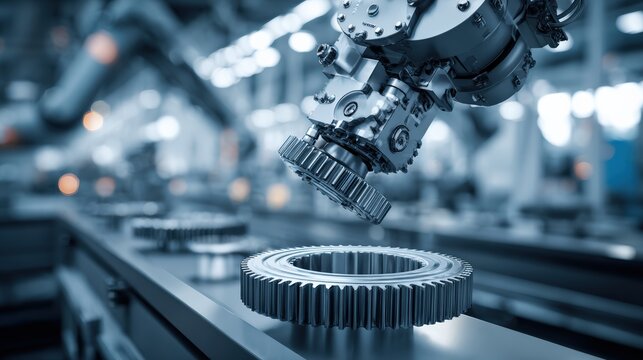 Advanced robotic machinery assembling precision gears on an automated industrial production line