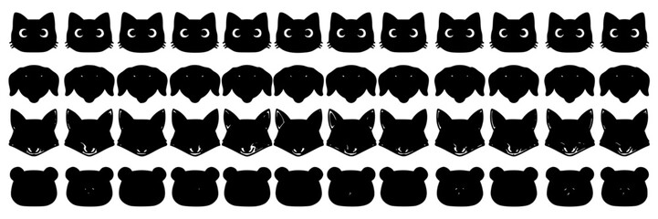 Fototapeta premium Animal Heads Silhouette Icons, Whimsical Cat Faces Set, Decorative Graphic Design Elements