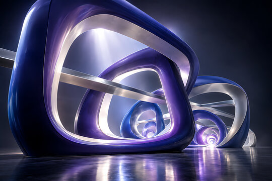 Futuristic Bionic Architecture Concept, Blue and Silver Parametric Tunnel Modules with Glowing Neon Accents, Sci-Fi Corridor 3D Render