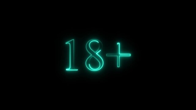 Neon 18+ age restriction sign glowing cyan light animation on black background, eighteen plus neon sign