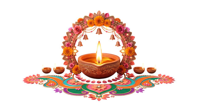 Diwali lamp with floral arch and bells isolated on transparent background
