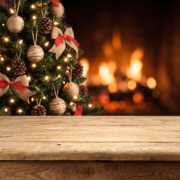 Rustic Wooden Table Surface with Blurred Christmas Tree and Fireplace Background for Product Display