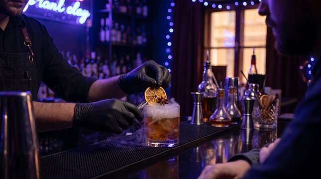 Professional bartender in black gloves garnishing cocktail with dried orange, moody neon bar setting, dark atmospheric lighting, mixology concept