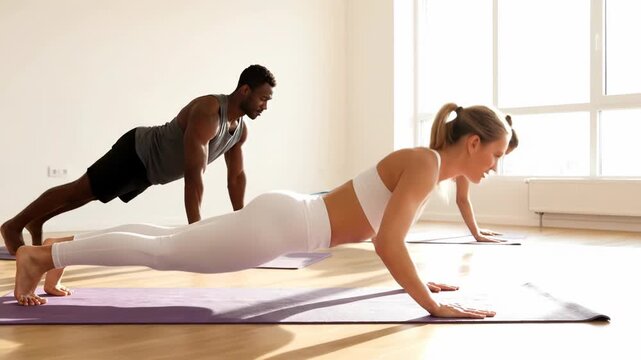 Group of diverse people practicing yoga and fitness in a bright studio, performing plank exercises on mats to improve strength and core stability