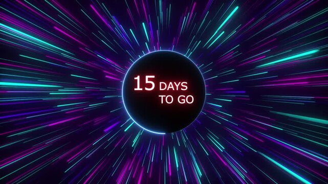 Neon 15 days to go animation. Neon counting number animation 15 days to go. line glowing on a black background. and creating a stunning 4k video.