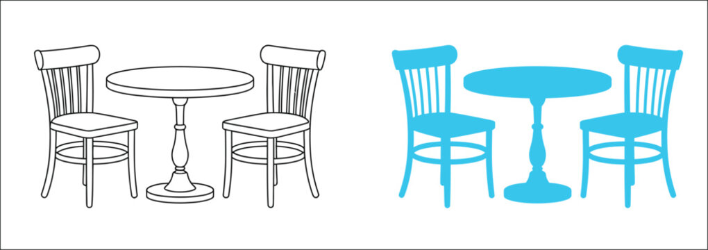 Adobe Illustrator ArtworkMinimalist cafe table and chairs vector icon set, outline and solid black dining furniture graphics for restaurant, coffee shop, interior design and hospitality.