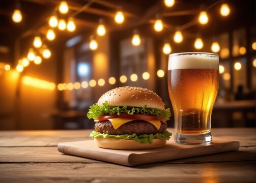 A juicy hamburger sitting on a wooden table with a cold light beer beside it