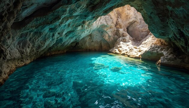 Turquoise lagoon inside a rugged natural cave formation with crystal-clear water