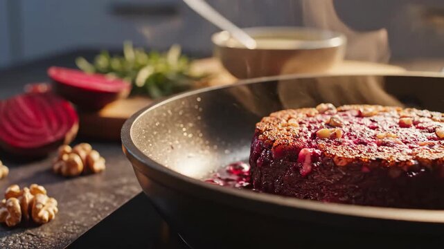 Beetroot walnut plant patty searing in a dark frying pan, vibrant burgundy center and toasted nut topping glowing through rising steam beside sliced beet and fresh herbs on a rustic counter view