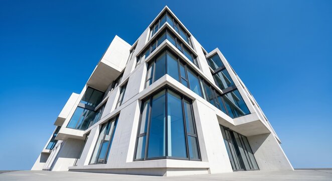 Modern minimalist architecture building with geometric design and glass facade under clear sky