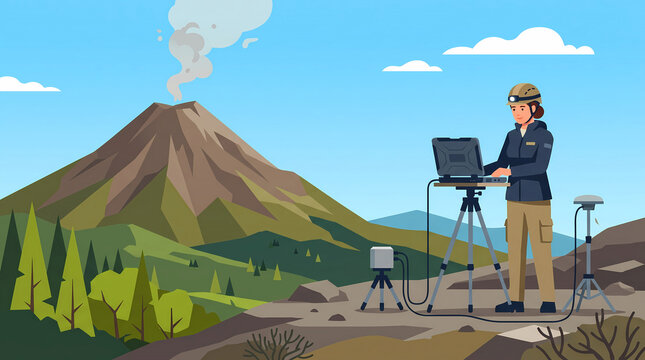 Illustration of a female volcanologist monitoring a volcano with a laptop