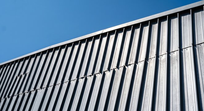 Corrugated metal panels industrial close-up texture with barbed wire security fence under bright sky