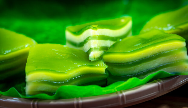 Traditional Banh Da Lon, a colorful Southern Vietnamese steamed layered cake made with tapioca starch, pandan leaves, and mung bean.